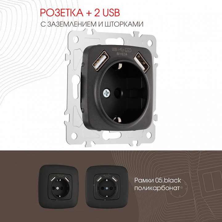 Розетка с заземлением и со шторкой и 2хUSB, без рамки Arte Milano am-205 205.47-1.black